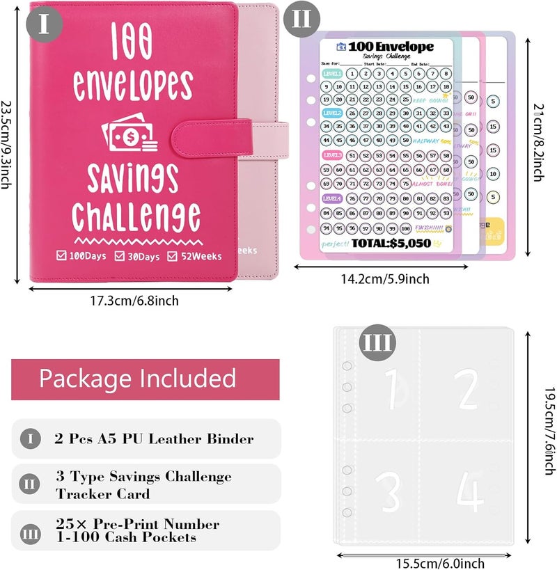 VAZOCA 2 Pack 100 Envelopes Money Saving Challenge, Cash Budget Planner A5 Binder, Savings Challenges Book Organizer Folder, with 3 Tracker to Save $5,050 and $2,600, $300, 100 Pre-numbered Pockets, Red & Pink - Image 2